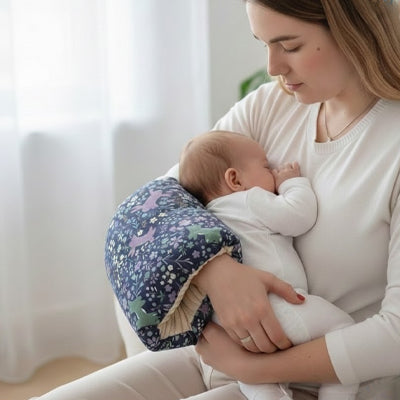 Bébé tête maman avec mon coussin d allaitement Nurtoi bleu bras droit