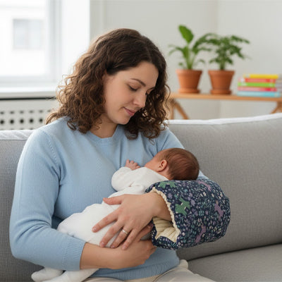 Bébé tête maman avec mon coussin d allaitement Nurtoi bleu