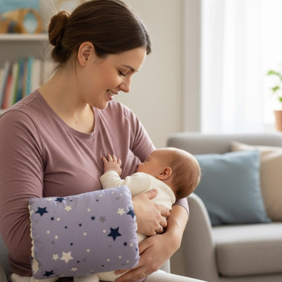 Bébé tête maman avec mon coussin d allaitement Nurtoi violet bras droit