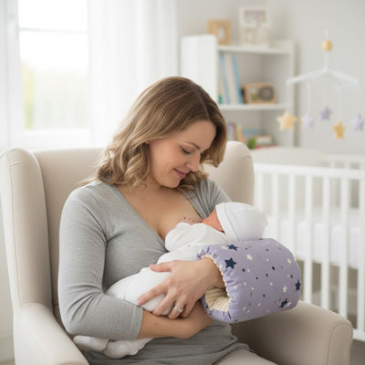 Bébé tête maman avec mon coussin d allaitement Nurtoi violet bras gauche