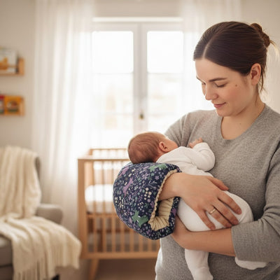 Bébé tête maman debout avec mon coussin d allaitement Nurtoi bleu bras droit