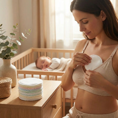 Maman met un des coussinets d'allaitement serecous