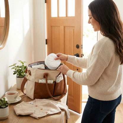 Maman met des coussinets d'allaitement Lilapad dans son sac