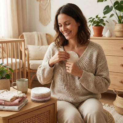 Maman mettant coussinet d'allaitement Calpad heureuse