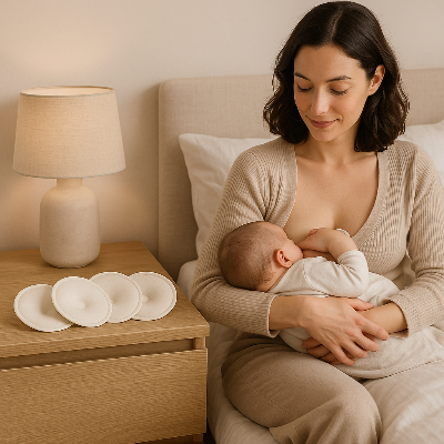 Maman porte bébé dans ses bras coussinets d'allaitement Etoicous sur la table