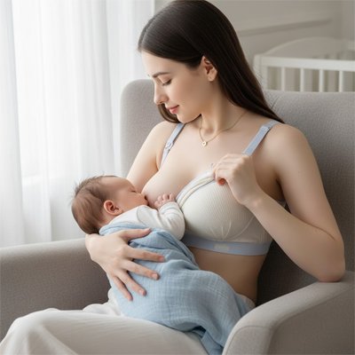 Maman porte son soutien gorge d allaitement clipbra bleu clair bébé tète