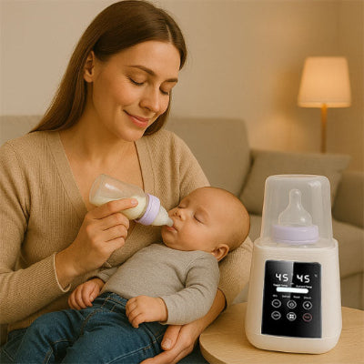 Maman biberon dans la bouche de bebe chauffe biberon Bibeheat sur la table
