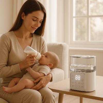 Maman allaitant bebe chauffe biberon Milkwarm sur la table nouveau