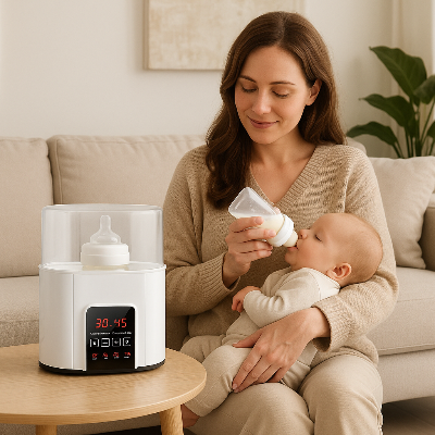 Maman allaitant bebe chauffe biberon bibmod sur une table