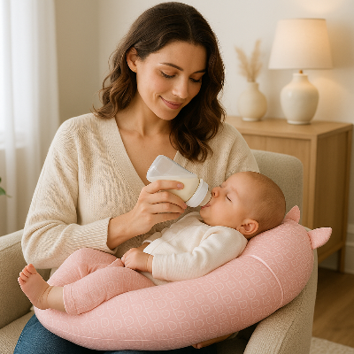 Maman donnant biberon bebe coussin allaitement Revplu salon