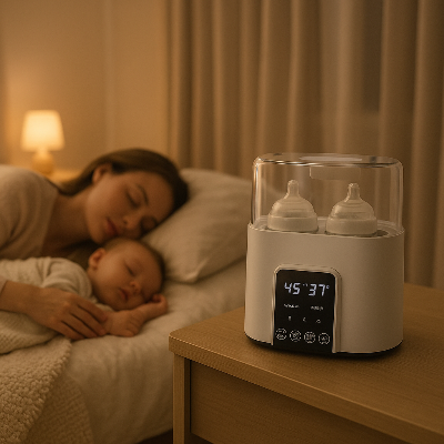 Maman et bebe dorment chauffe biberon Bidmod sur une table