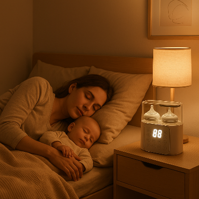 Maman et bebe dorment chauffe biberon Milkwarm a cote nouveau