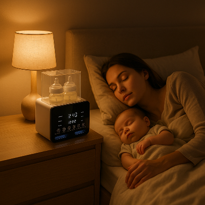 Maman et bebe dorment chauffe biberon chaufenod sur une table