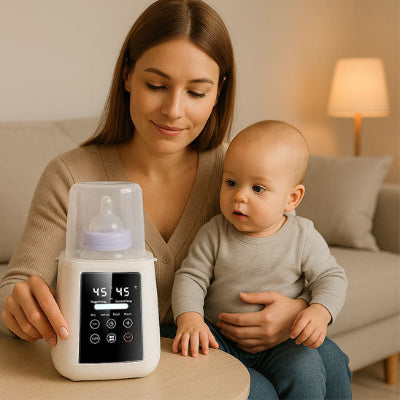 Maman et bebe regardant chauffe biberon Bibeheat sur la table