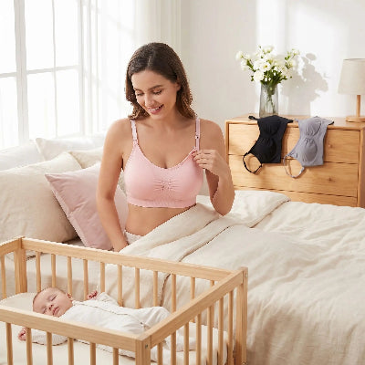Une femme dégrafe son soutien gorge allaitement grande taille noir Laflex par devant dans sa chambre son bébé est dans son berceau
