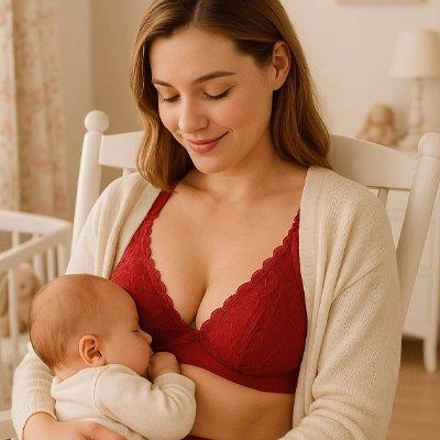 Une maman assise porte son soutien-gorge allaitement Precbra son bébé dans ses bras 