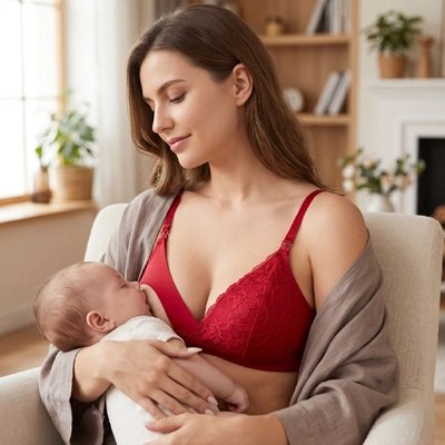 Une maman assise près de la fenêtre porte son soutien-gorge allaitement Precbra son bébé dans ses bras tête