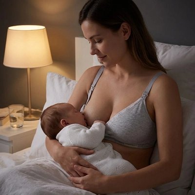 Une maman dans sa chambre porte son soutien-gorge allaitement Pratsou son bébé dans ses bras tête