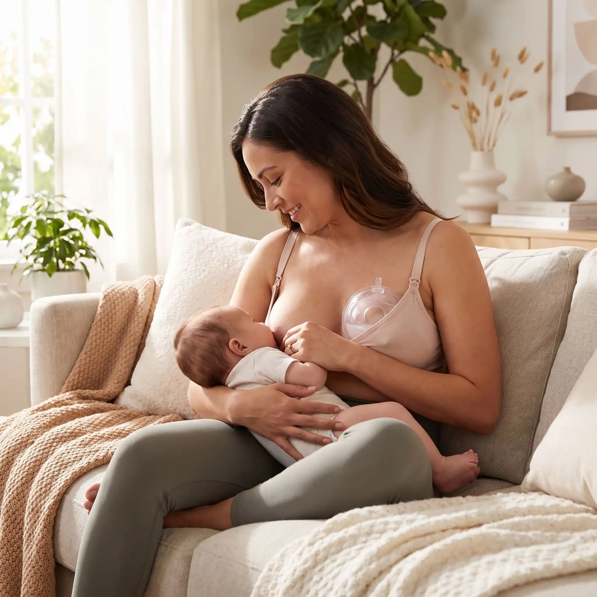 Une maman dans son salon tête son bébé au sein droit et porte à son sein gauche une des coquilles d'allaitement Flolaco