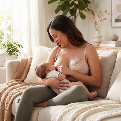 Une maman dans son salon tête son bébé au sein droit et porte à son sein gauche une des coquilles d'allaitement Flolaco