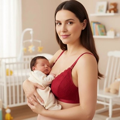 Une maman debout dans sa chambre porte son soutien-gorge allaitement Precbra son bébé dans ses bras 
