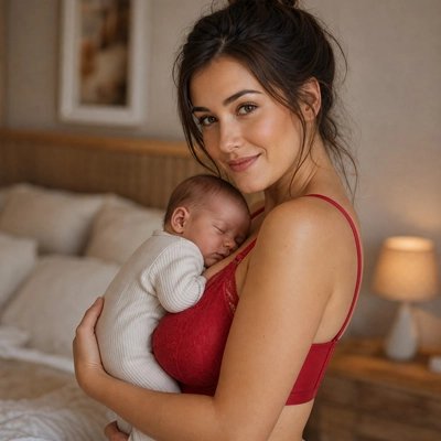 Une maman debout porte son soutien-gorge allaitement Precbra son bébé dans ses bras 