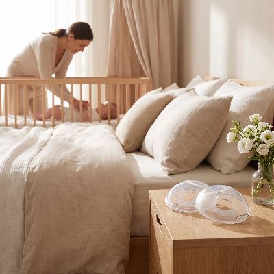Une maman est dans sa chambre son bebe est dans son berceau ses deux coquilles d'allaitement Dodoshi sont sur sa table de chevet