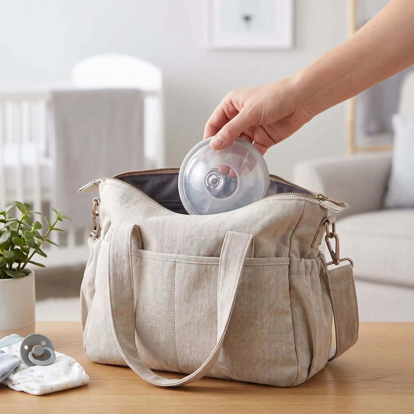 Une maman met sa coquille allaitement Fitmaco dans son sac