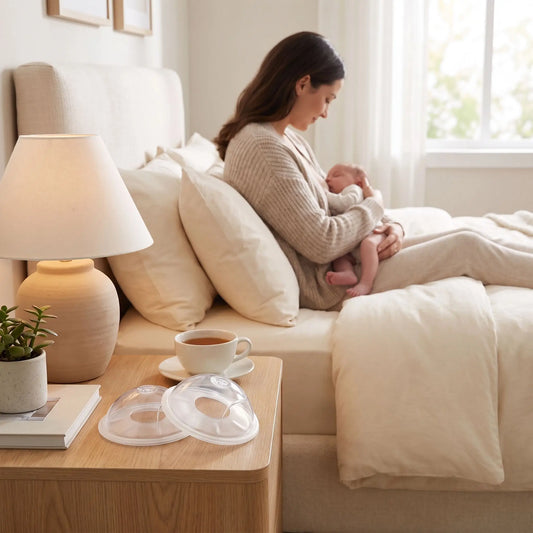 Une maman porte son bébé au bras et ses coquille allaitement Fitmaco sont sur la table