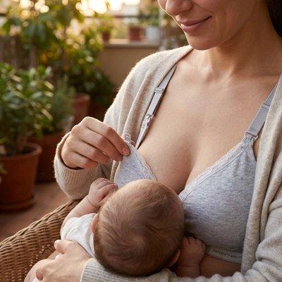 Une maman porte son soutien-gorge allaitement Pratsou son bébé dans ses bras