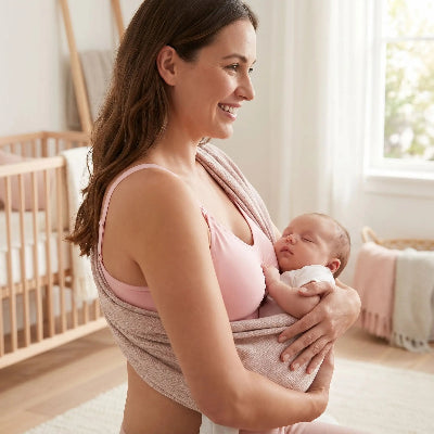 Une maman porte un soutien gorge allaitement grande taille Laflex rose son bébé dans ses bras.