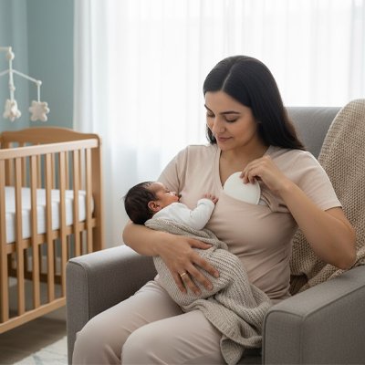 Bebe tète coussinet d'allaitement Doucous dans la main gauche de Maman