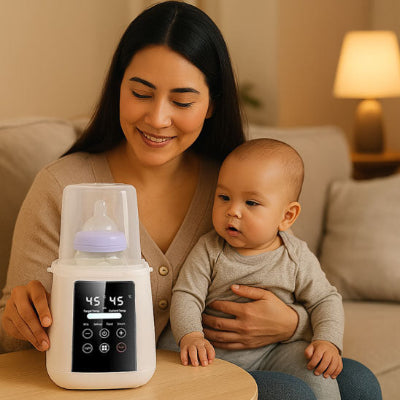 bebe dans les bras de maman chauffe biberon Bibeheat sur la table