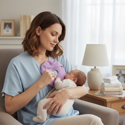 Maman assise bébé dans ses bras coussinet d'allaitement Nuipu dans sa main droite