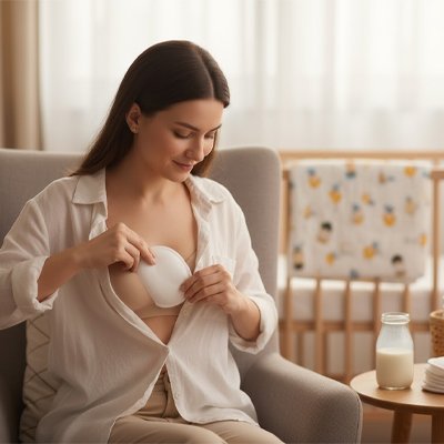 Maman insérant le coussinet d'allaitement Doucous