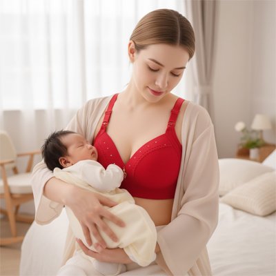 Maman porte le soutien gorge d allaitement Chicsout rouge bébé dans ses bras