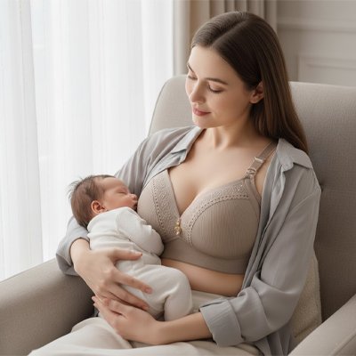 Maman porte le soutien gorge d allaitement Chicsout gris bébé dans ses bras