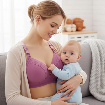 Maman porte le soutien gorge d allaitement Chicsout mauve bébé dans ses bras