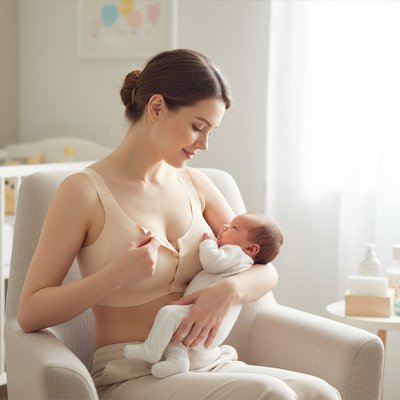 Maman porte le soutien gorge d allaitement Clasou beige bébé dans ses bras