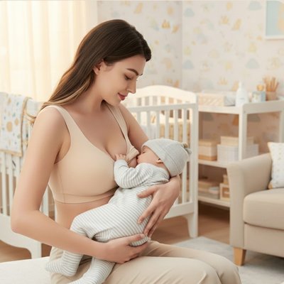 Maman porte le soutien gorge d allaitement Clasou beige bébé tète