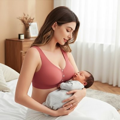 Maman porte le soutien gorge d allaitement Clasou rouge bébé dans ses bras