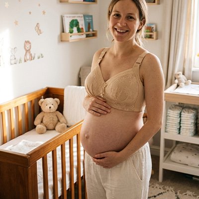 Maman porte un soutien gorge allaitement grande taille beige
