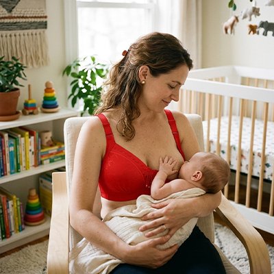 Maman porte un soutien gorge allaitement grande taille rouge bébé tête