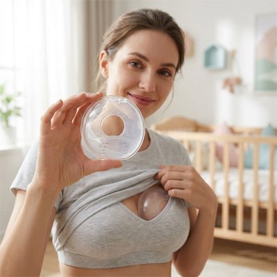 Une maman a une coquille d'allaitement Doumaco dans son sein gauche et montre sa deuxième coquille 