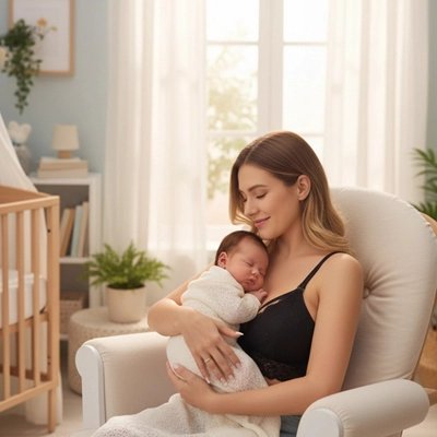 Une maman assise dans son canapé porte son soutien-gorge allaitement Manasou noir son bébé sur sa poitrine