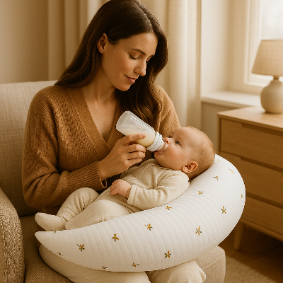 une maman donnant biberon bebe sur coussin allaitement Clocud
